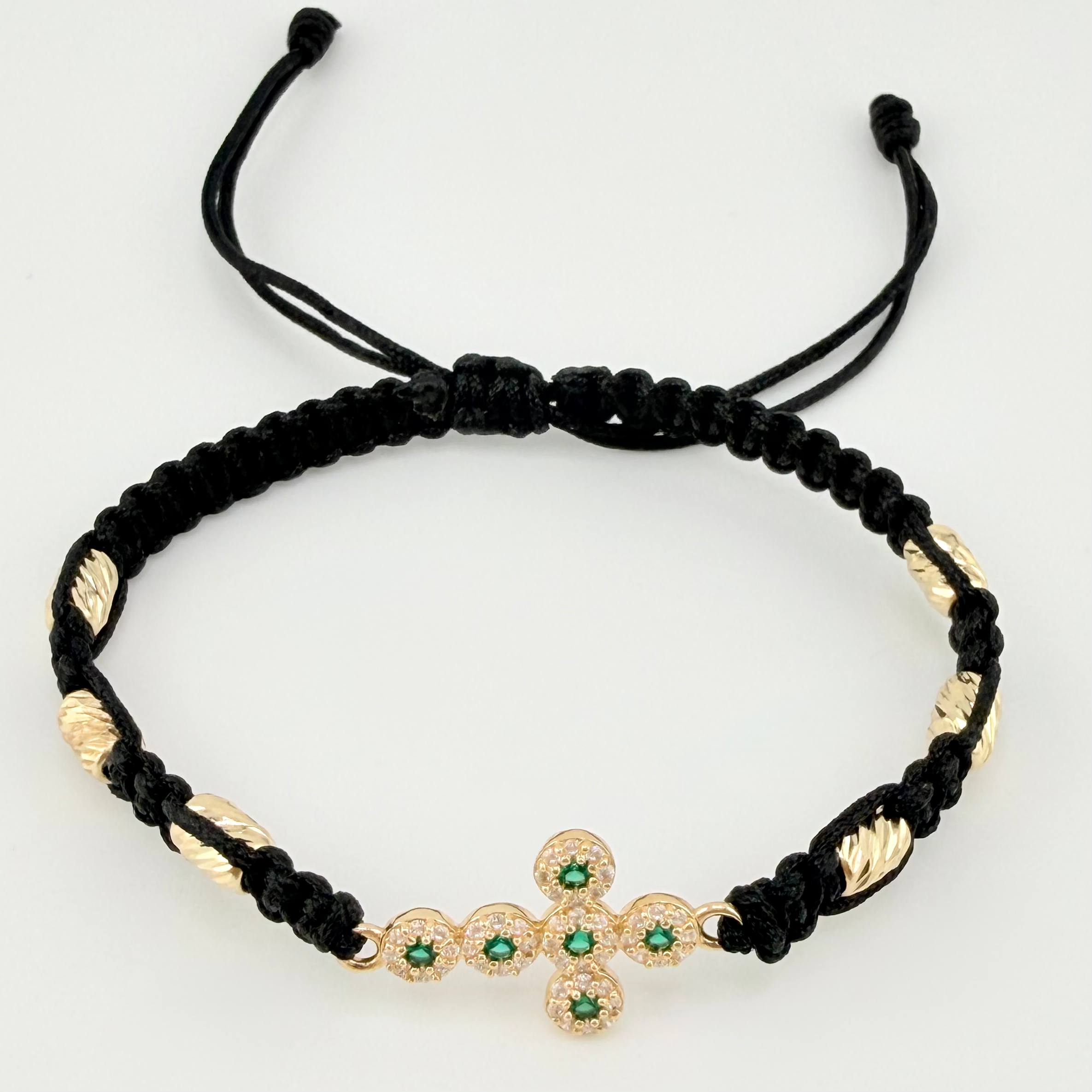 Pulsera Negra Cruz Cilindros Diamantados 6und 1.4gr / 4mm Oro Amarillo 18K *
