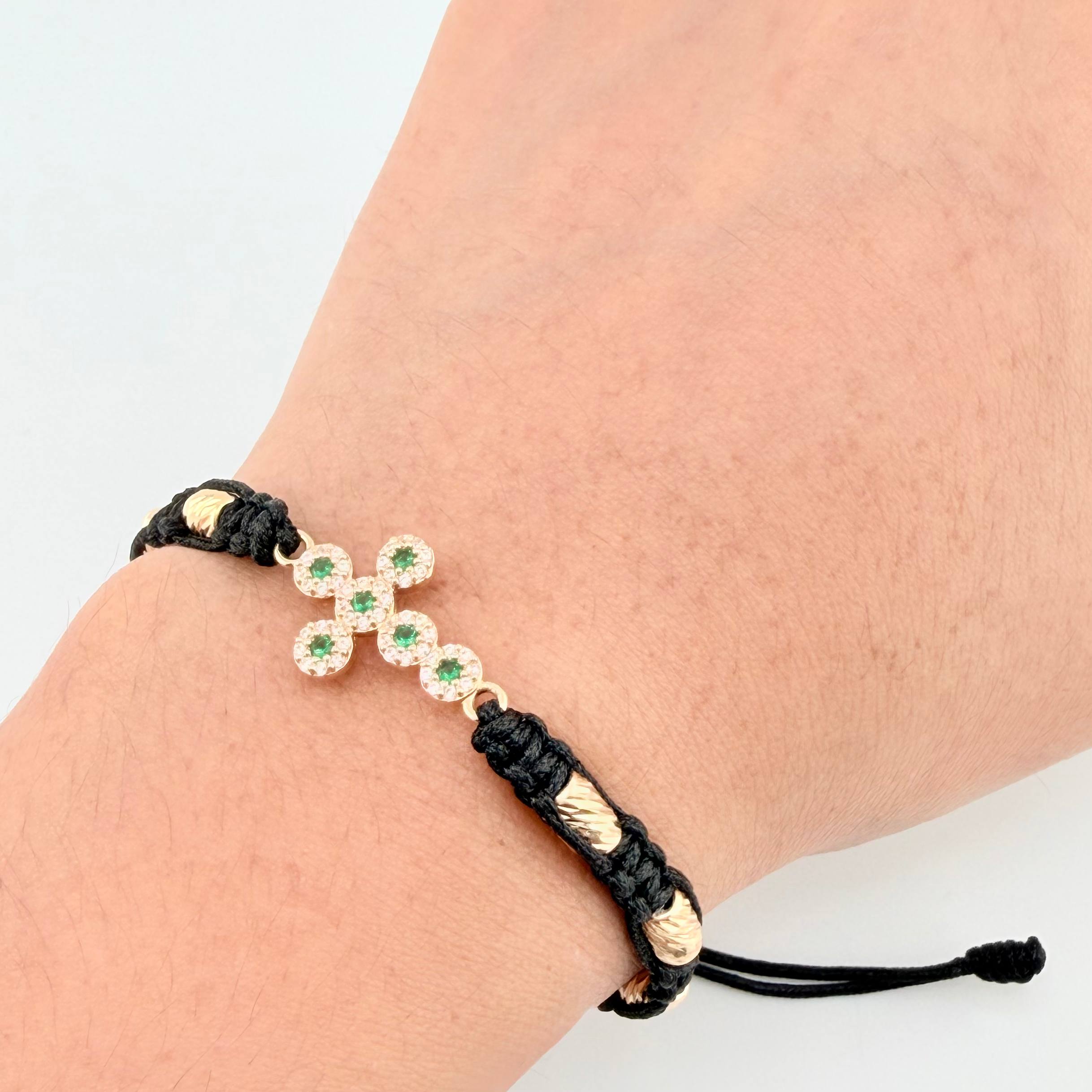 Pulsera Negra Cruz Cilindros Diamantados 6und 1.4gr / 4mm Oro Amarillo 18K *