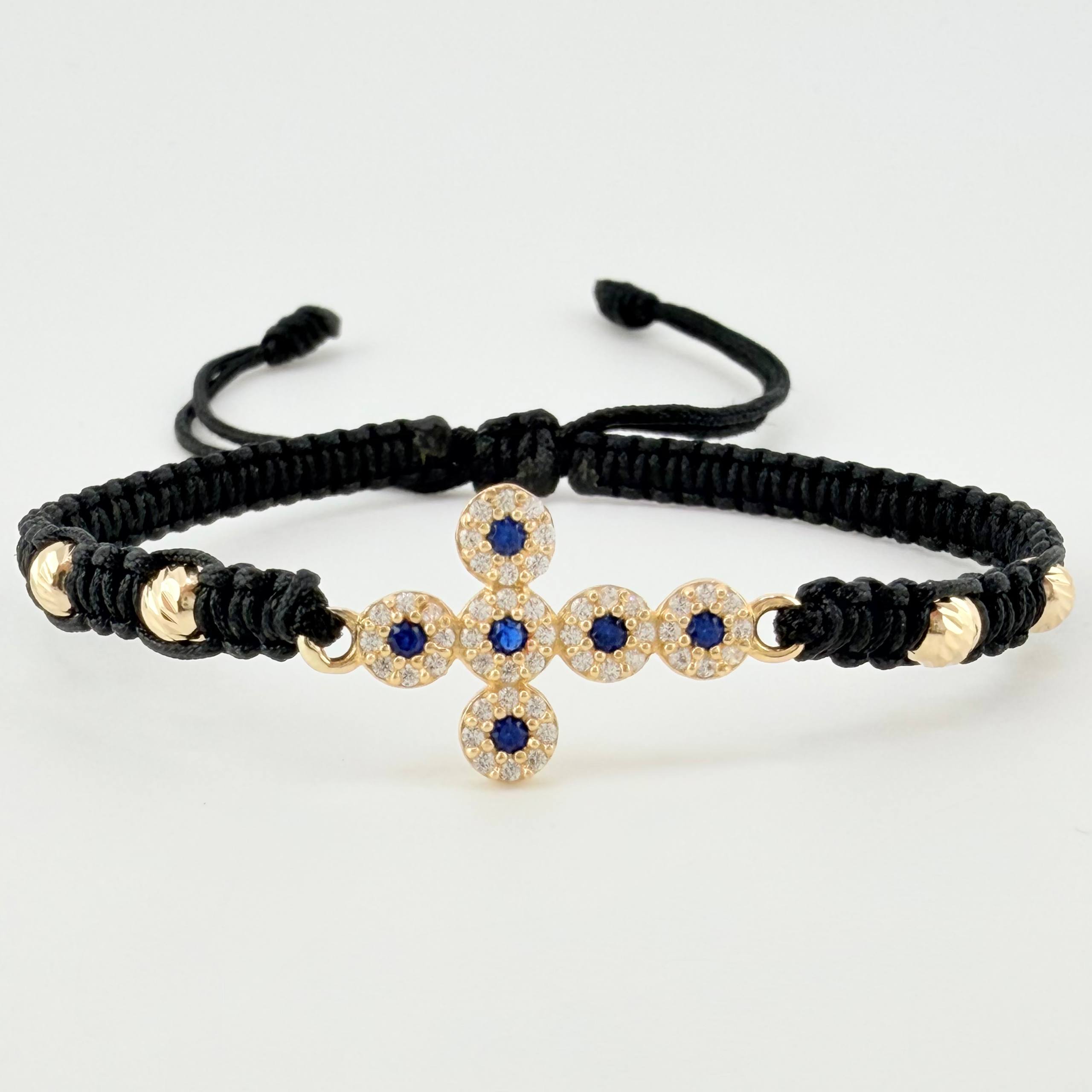 Pulsera Negra Cruz Bolas Diamantadas 4und 1.7gr / 4mm Oro Amarillo 18K *