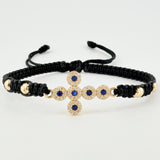 Pulsera Negra Cruz Bolas Diamantadas 4und 1.7gr / 4mm Oro Amarillo 18K *