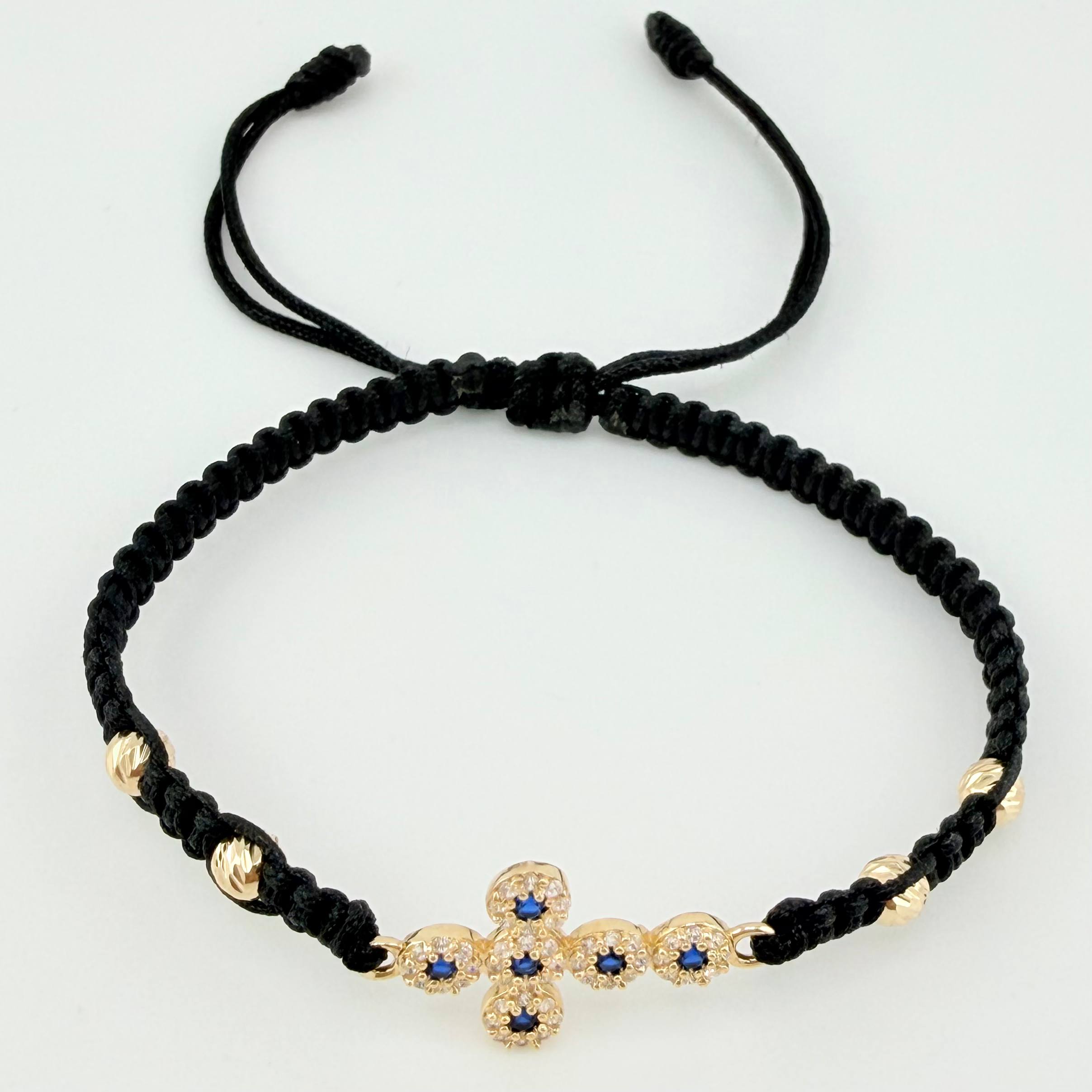 Pulsera Negra Cruz Bolas Diamantadas 4und 1.7gr / 4mm Oro Amarillo 18K *