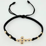 Pulsera Negra Cruz Bolas Diamantadas 4und 1.7gr / 4mm Oro Amarillo 18K *