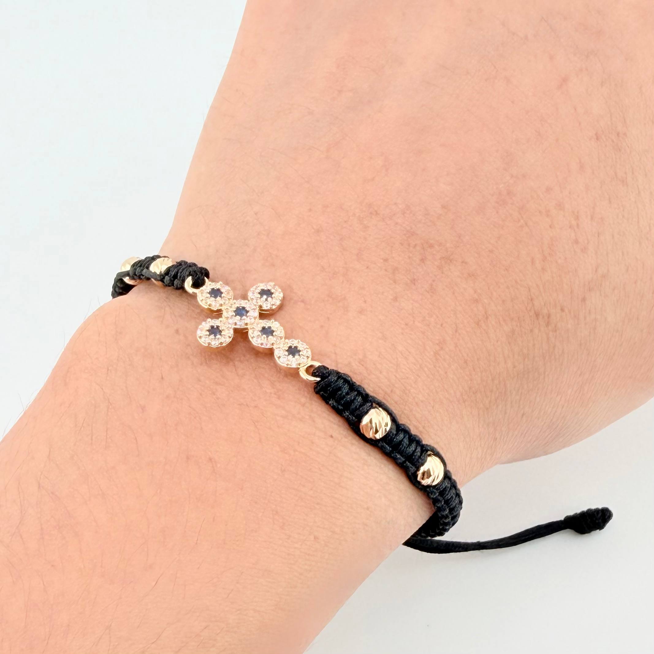 Pulsera Negra Cruz Bolas Diamantadas 4und 1.7gr / 4mm Oro Amarillo 18K *
