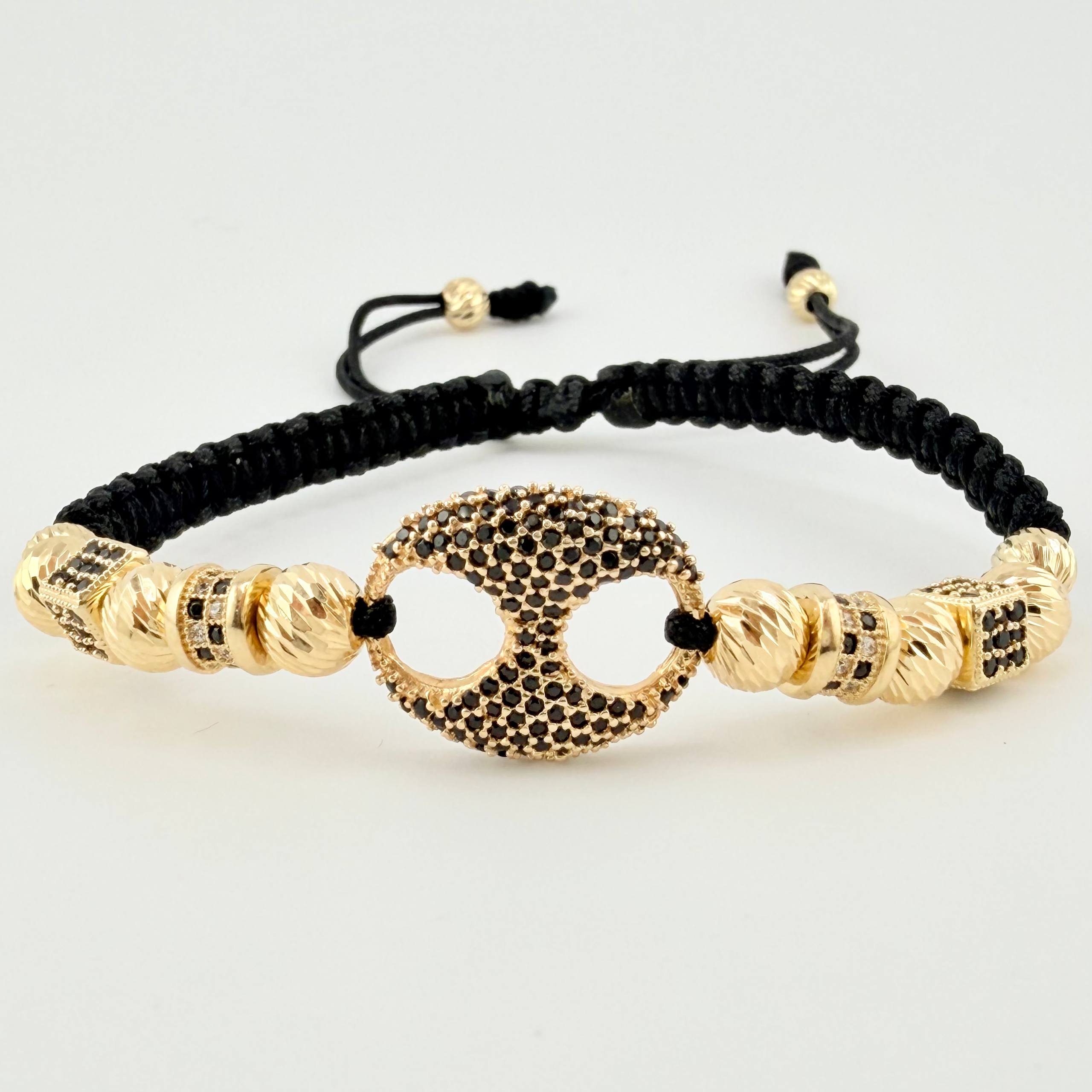 Pulsera Negra GC Bolas Diamantadas 14und 7.45gr / 5mm-6mm Oro Amarillo 18K *