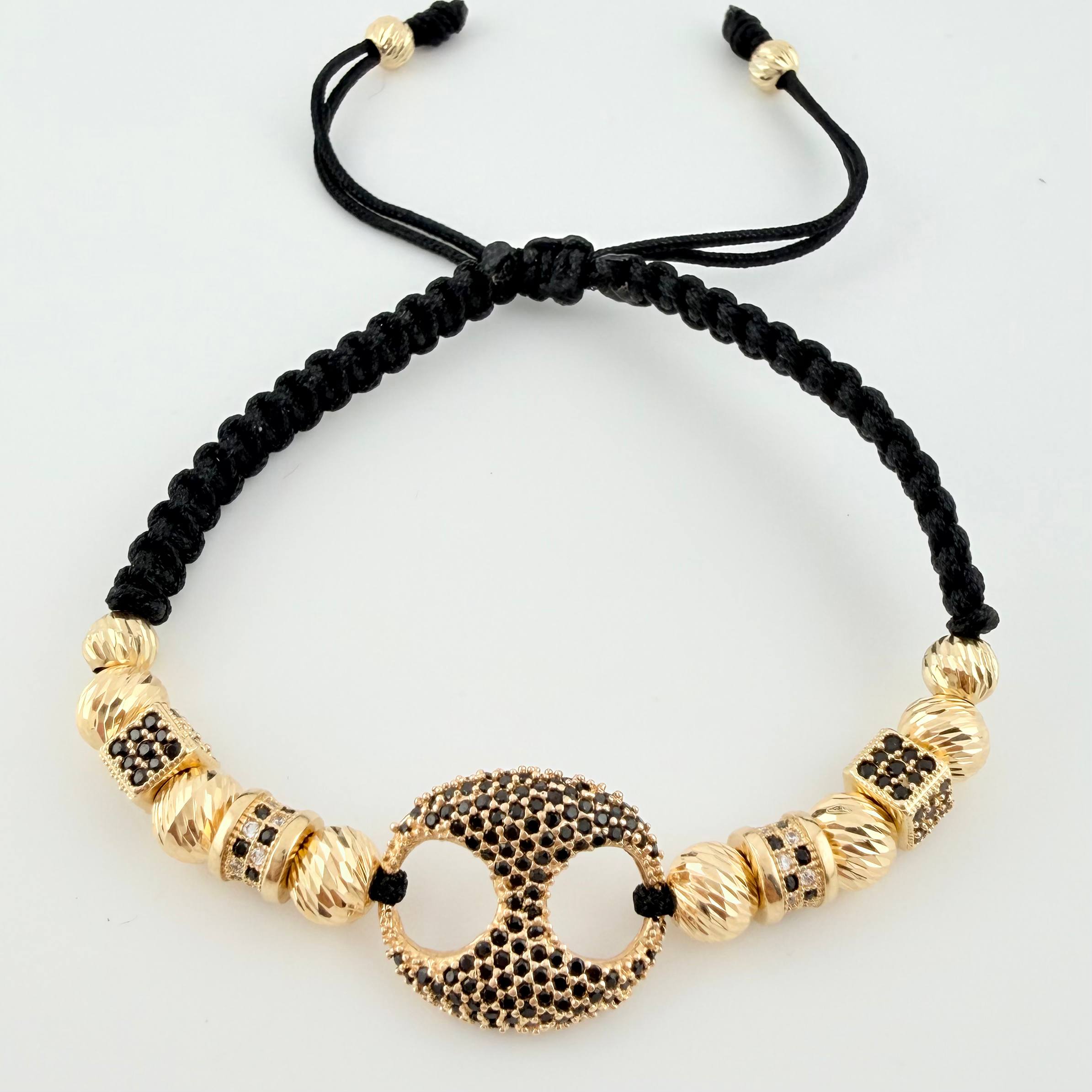 Pulsera Negra GC Bolas Diamantadas 14und 7.45gr / 5mm-6mm Oro Amarillo 18K *