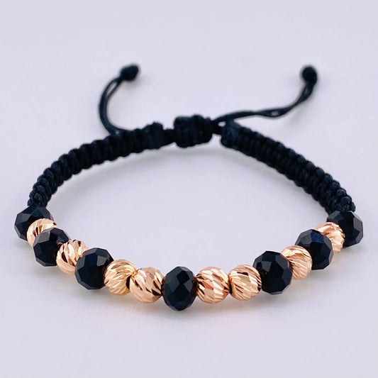 Pulsera Tejida Negra Bolas Diamantadas 8 Und / 5Mm Oro Rosa 18K (A.C)