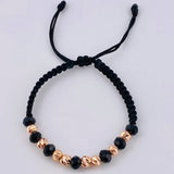 Pulsera Tejida Negra Bolas Diamantadas 8 Und / 5Mm Oro Rosa 18K (A.C)