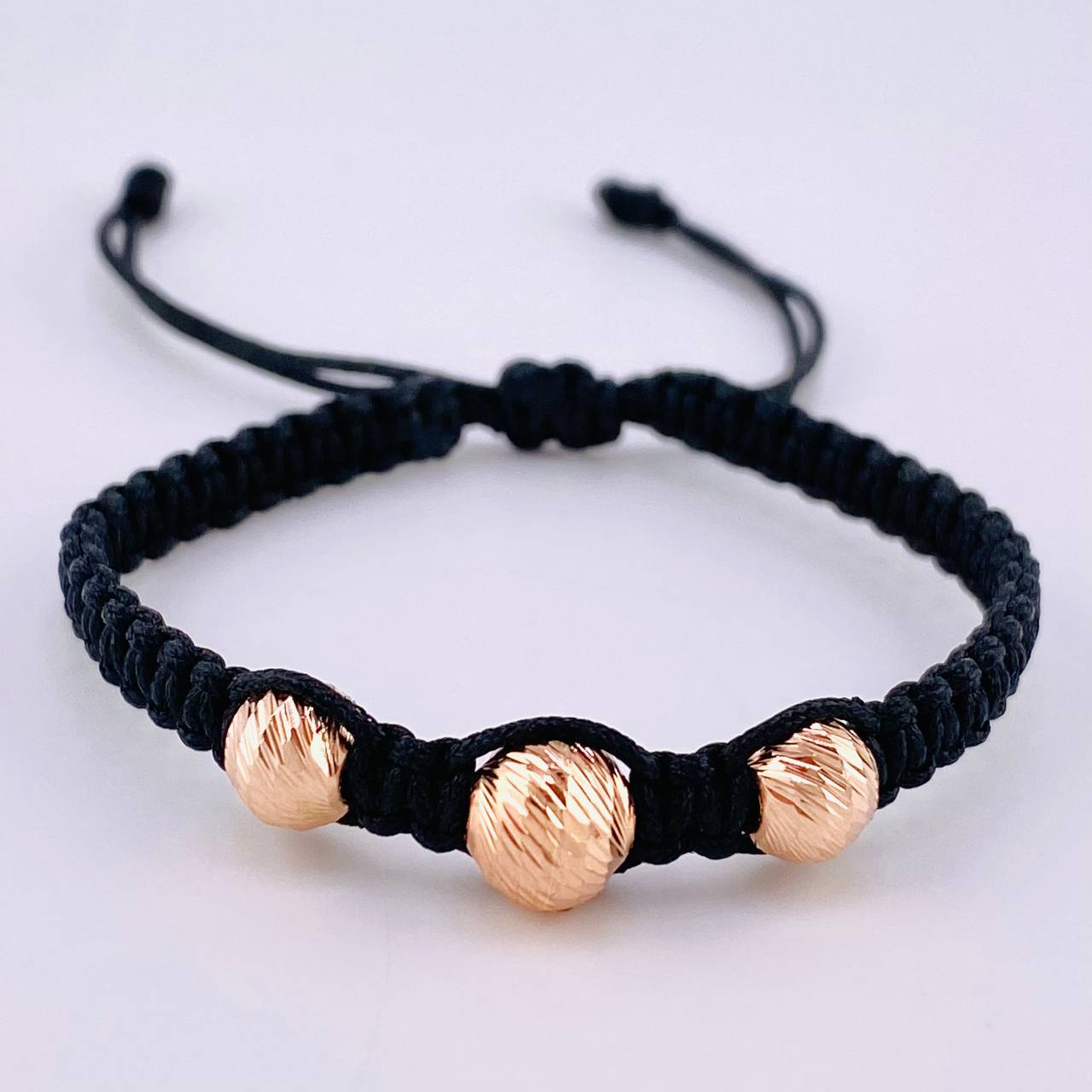 Pulsera Tejida Negra Bolas Diamantadas 3 Und / 7Mm-8Mm Oro Rosa 18K