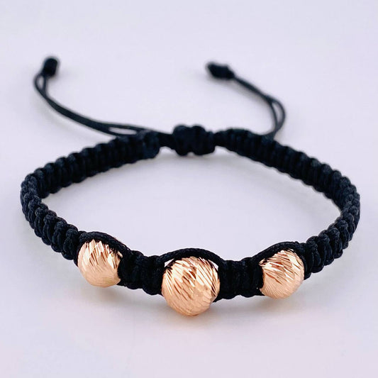 Pulsera Tejida Negra Bolas Diamantadas 3 Und / 7Mm-8Mm Oro Rosa 18K (A.C)