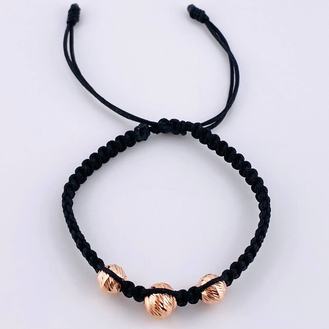 Pulsera Tejida Negra Bolas Diamantadas 3 Und / 7Mm-8Mm Oro Rosa 18K