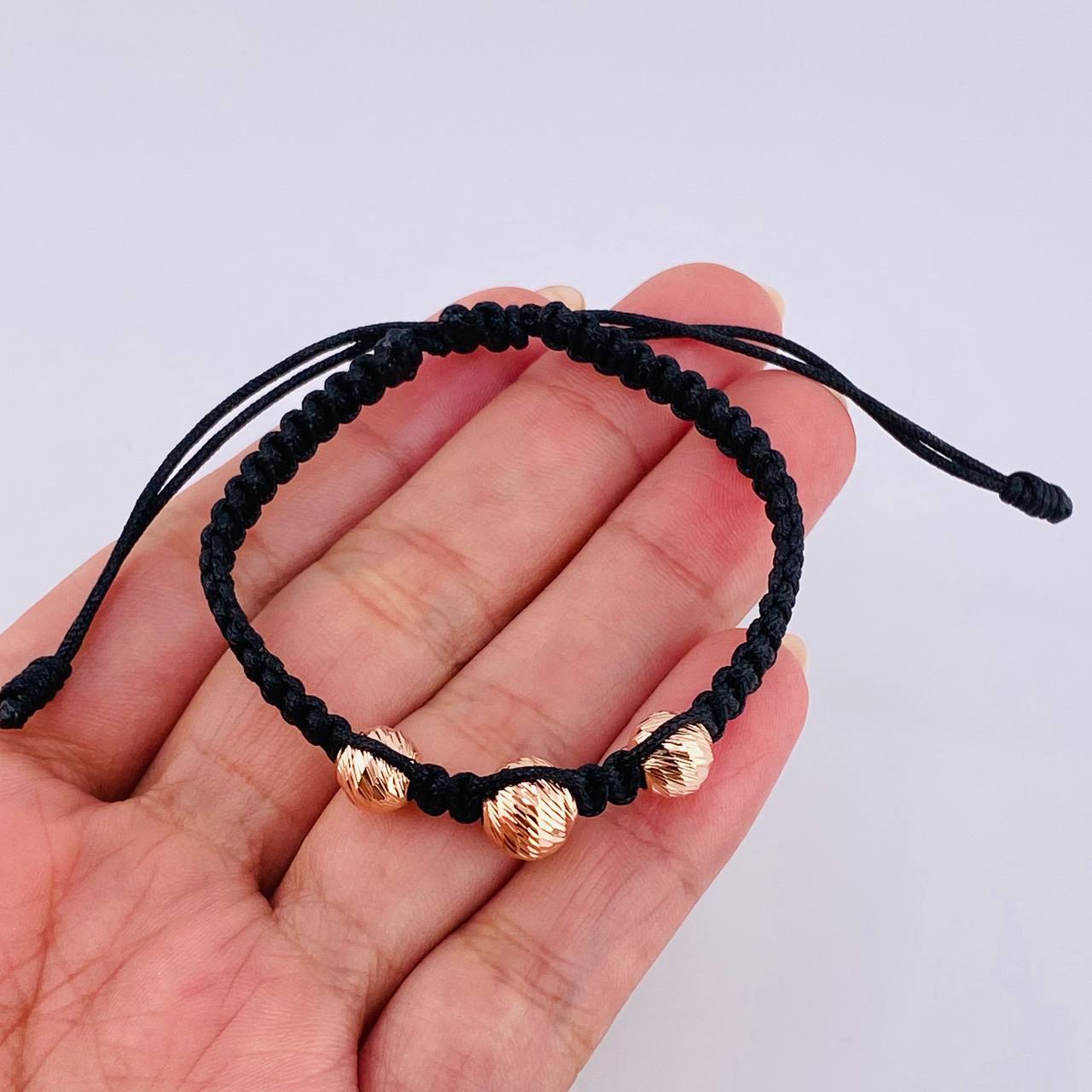 Pulsera Tejida Negra Bolas Diamantadas 3 Und / 7Mm-8Mm Oro Rosa 18K