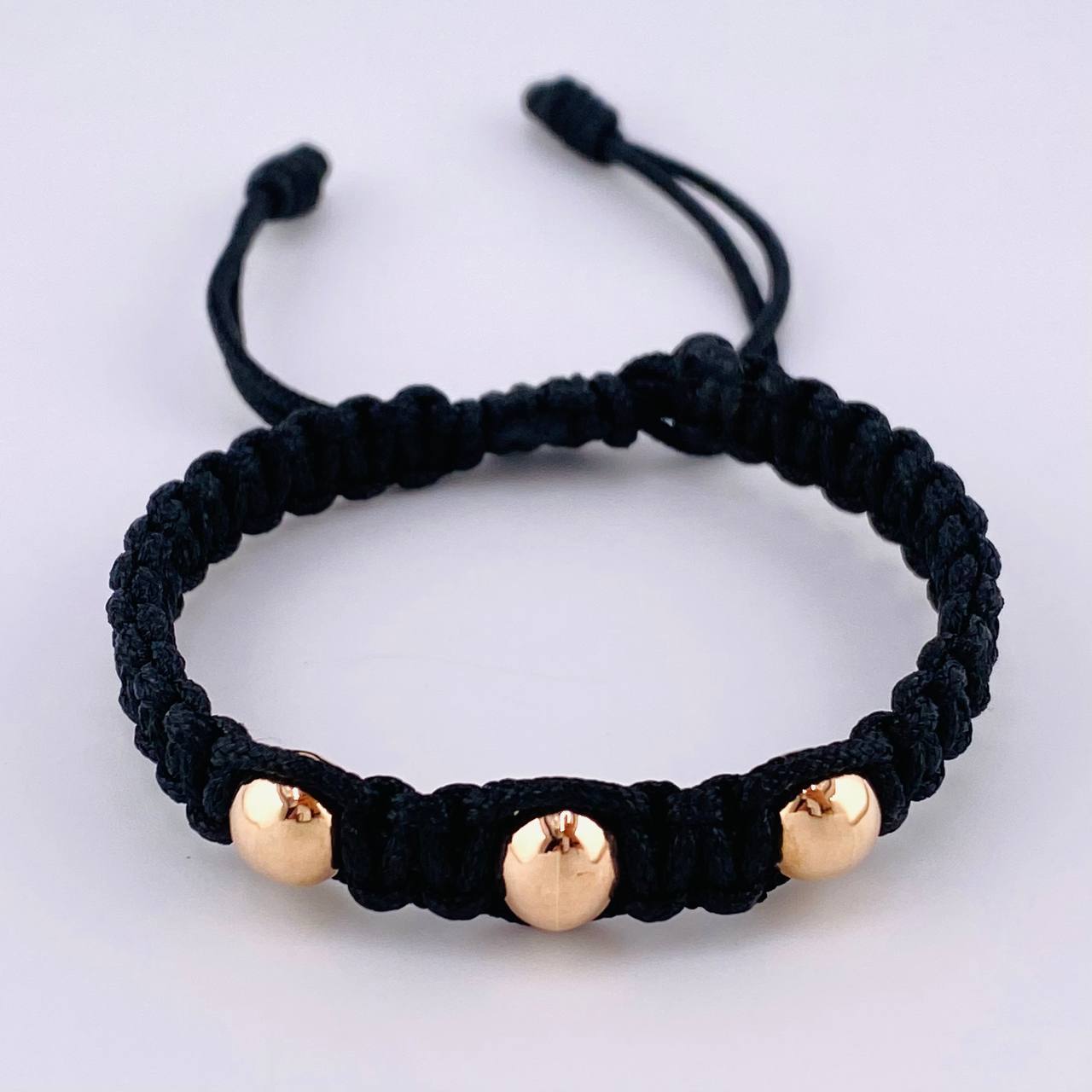 Pulsera Tejida Negra Bolas Lisas 3 Und / 7Mm-8Mm Oro Rosa 18K