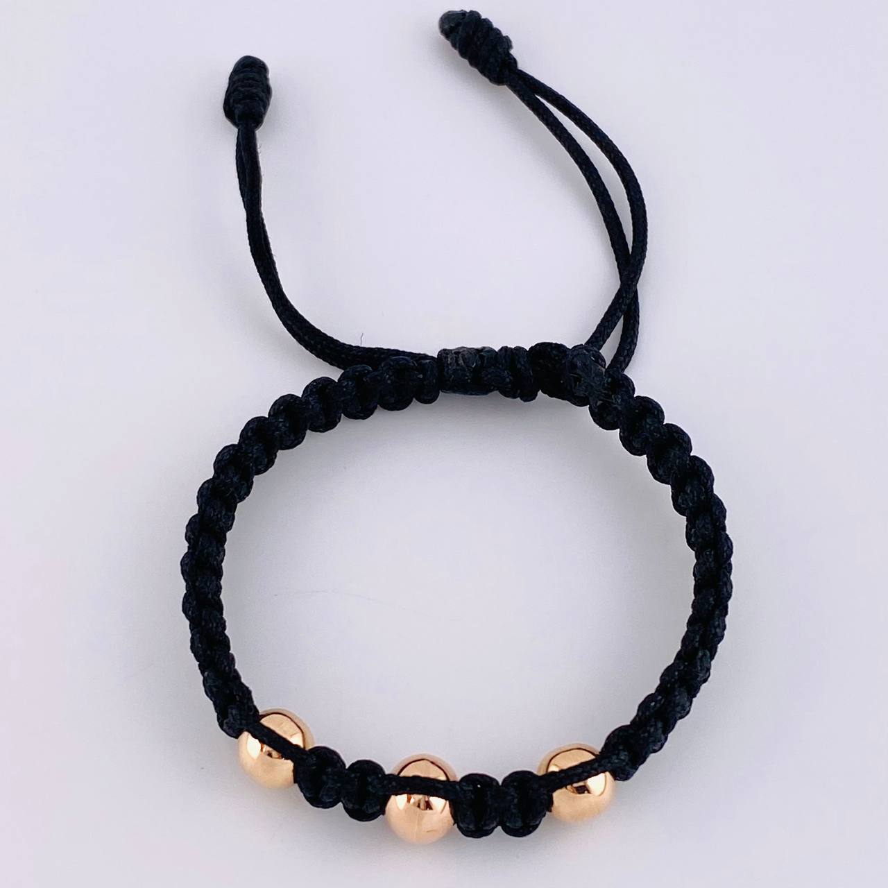 Pulsera Tejida Negra Bolas Lisas 3 Und / 7Mm-8Mm Oro Rosa 18K