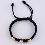Pulsera Tejida Negra Bolas Lisas 3 Und / 7Mm-8Mm Oro Rosa 18K