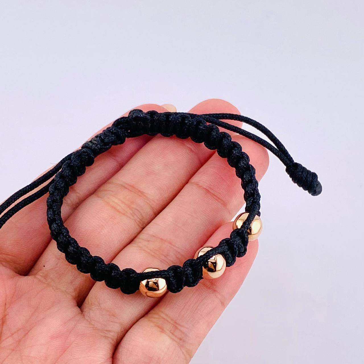 Pulsera Tejida Negra Bolas Lisas 3 Und / 7Mm-8Mm Oro Rosa 18K