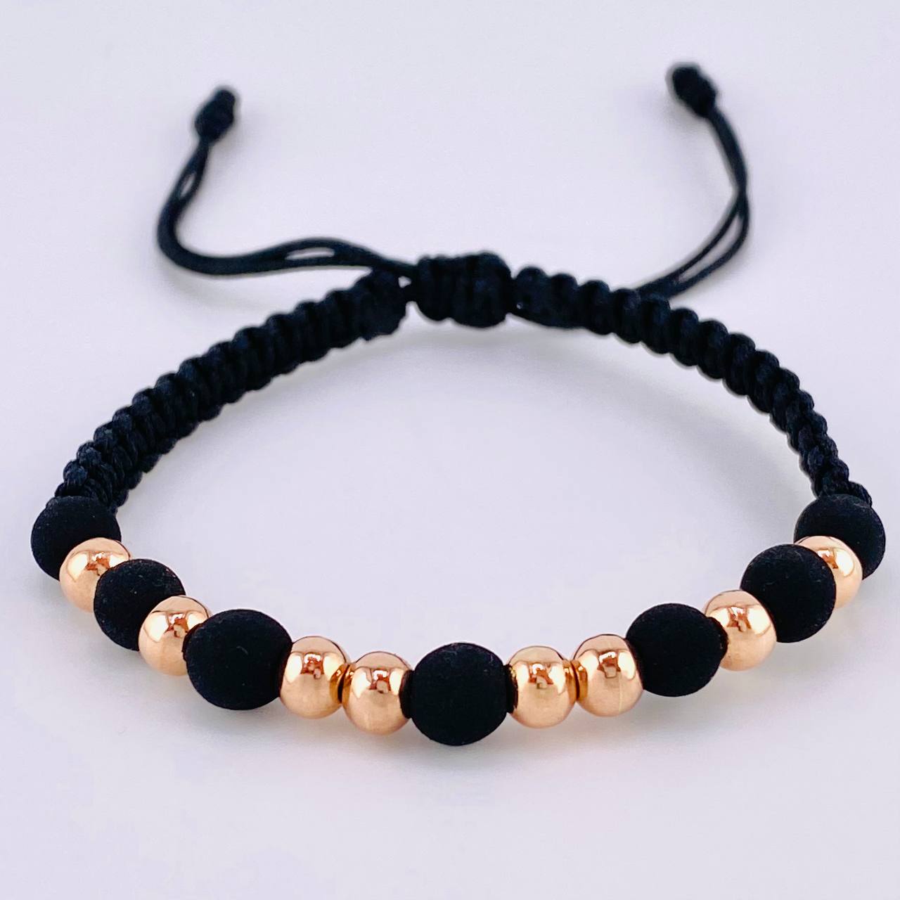 Pulsera Tejida Negra Bolas Lisas 8 Und / 5Mm Oro Rosa 18K