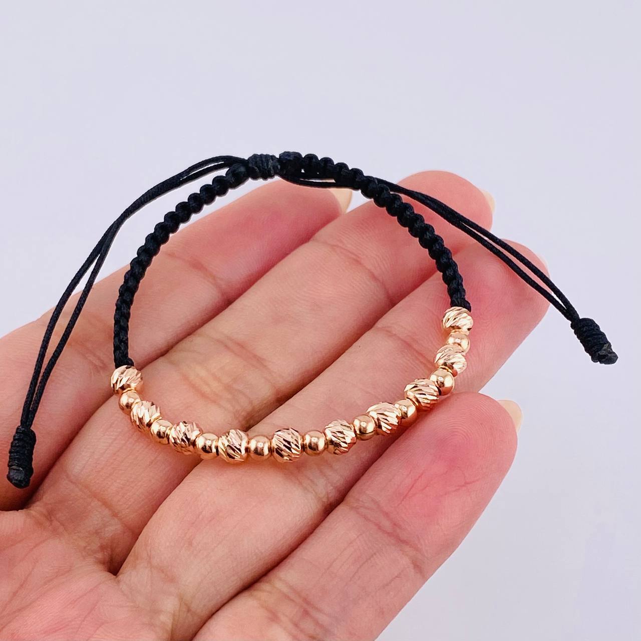 Pulsera Tejida Negra Bolas Lisas 10 Und- 4Mm / Diamantada 9 Und- 3Mm Oro Rosa 18K