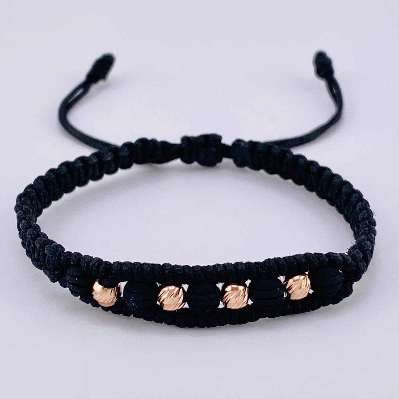 Pulsera Tejida Negra Bolas Diamantadas 4 Und / 4Mm Neopreno Oro Rosa 18K (A.C)