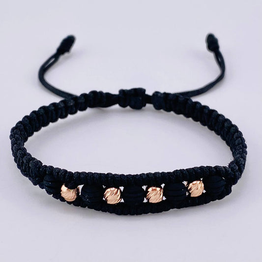 Pulsera Tejida Negra Bolas Diamantadas 4 Und / 4Mm Neopreno Oro Rosa 18K (A.C)
