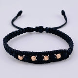 Pulsera Tejida Negra Bolas Diamantadas 4 Und / 4Mm Neopreno Oro Rosa 18K (A.C)