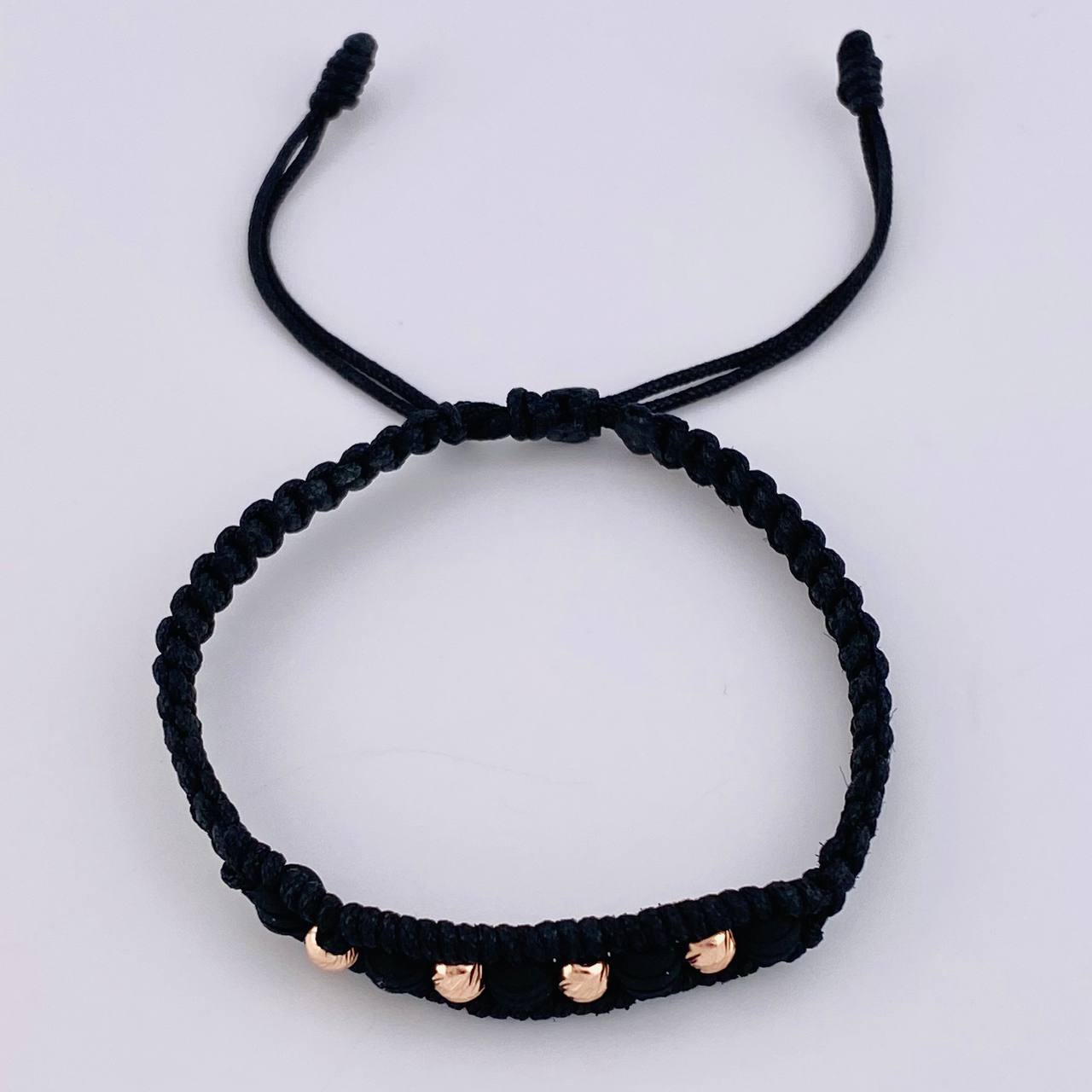 Pulsera Tejida Negra Bolas Diamantadas 4 Und / 4Mm Neopreno Oro Rosa 18K (A.C)