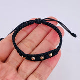 Pulsera Tejida Negra Bolas Diamantadas 4 Und / 4Mm Neopreno Oro Rosa 18K (A.C)