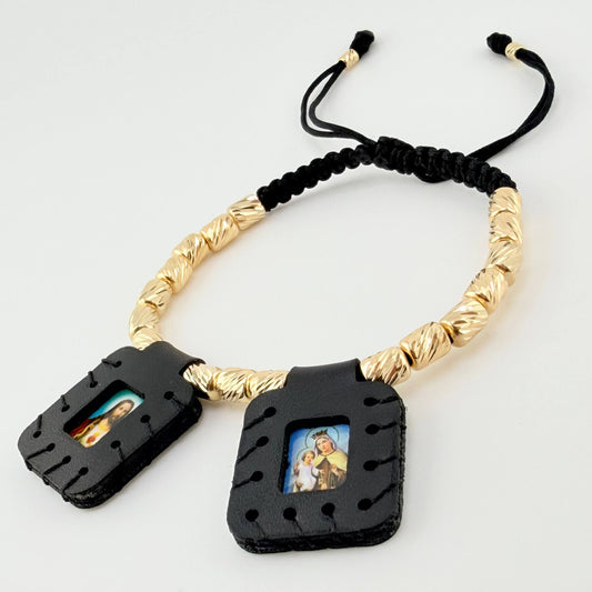 Pulsera Negra Escapulario Cilindros Diamantados 19und 5.3gr / 3mm-5mm Oro Amarillo 18K