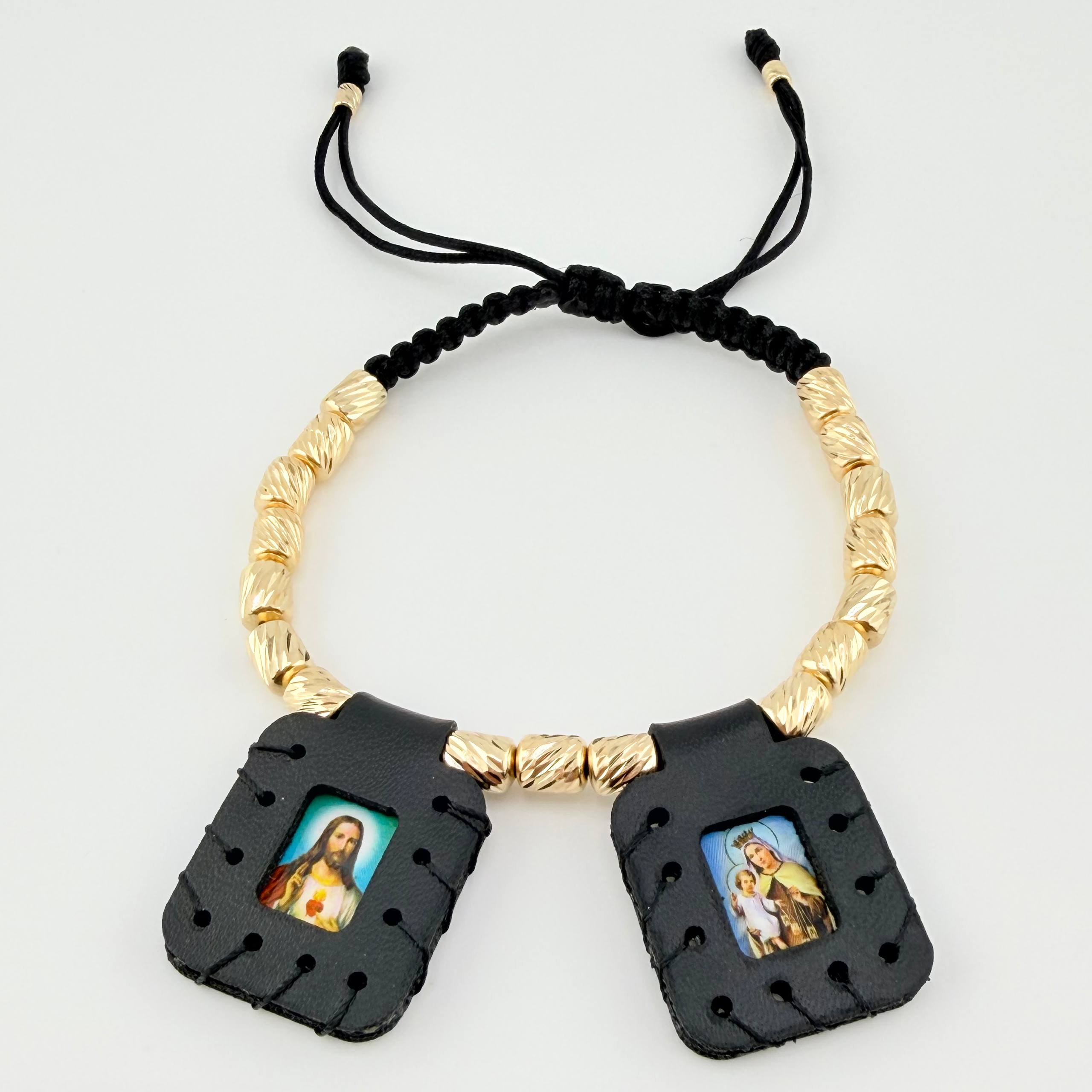 Pulsera Negra Escapulario Cilindros Diamantados 19und 5.3gr / 3mm-5mm Oro Amarillo 18K