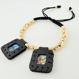 Pulsera Negra Escapulario Cilindros Diamantados 19und 5.3gr / 3mm-5mm Oro Amarillo 18K