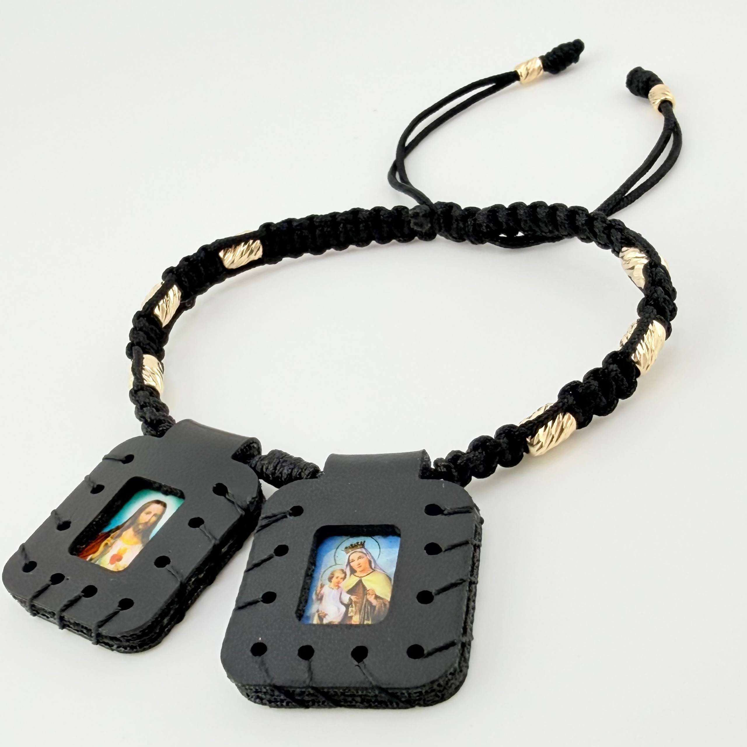 Pulsera Negra Escapulario Cilindros Diamantados 8und 1.4gr / 3mm-4mm Oro Amarillo 18K *