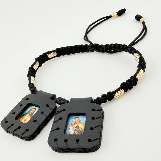 Pulsera Negra Escapulario Cilindros Diamantados 8und 1.4gr / 3mm-4mm Oro Amarillo 18K *