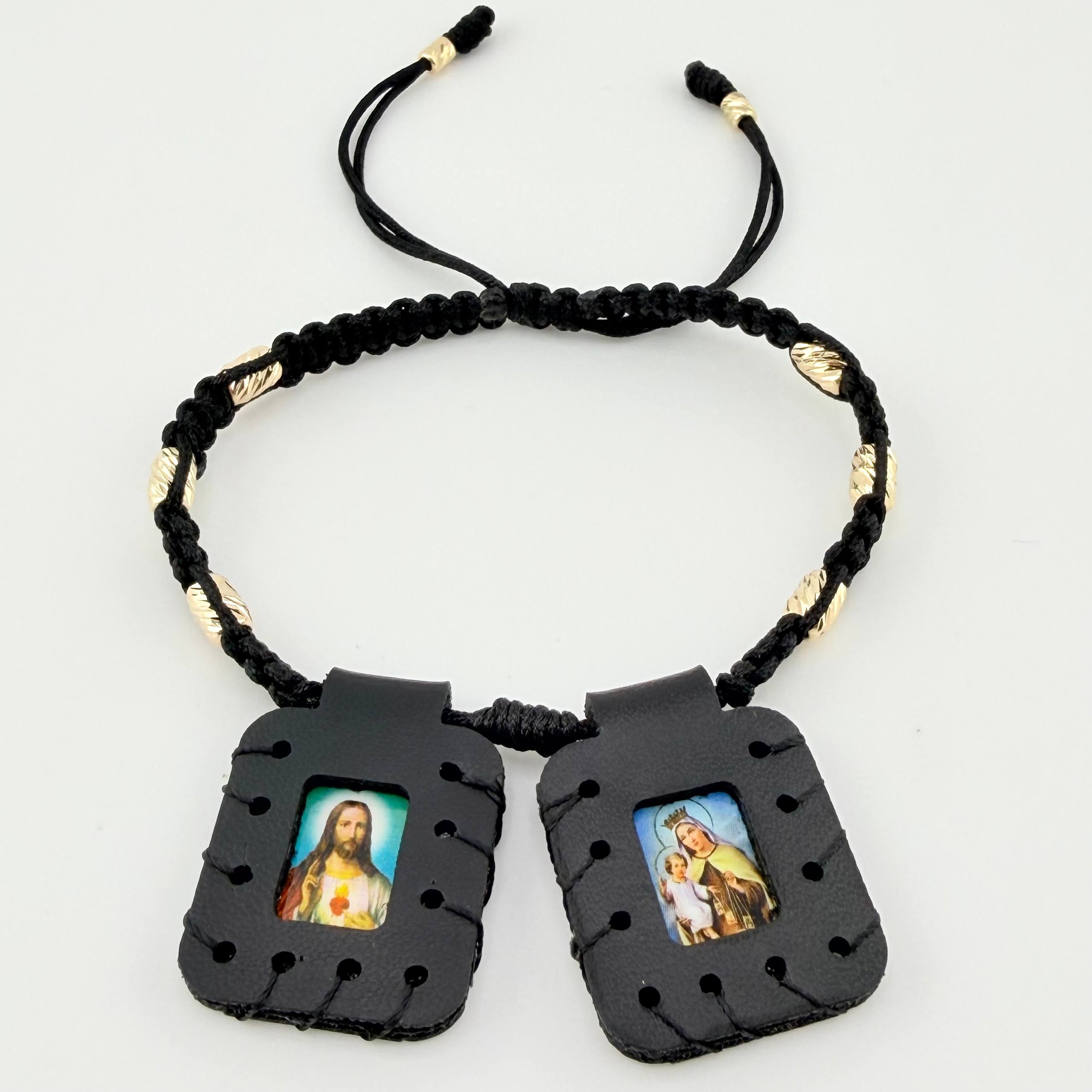 Pulsera Negra Escapulario Cilindros Diamantados 8und 1.4gr / 3mm-4mm Oro Amarillo 18K *