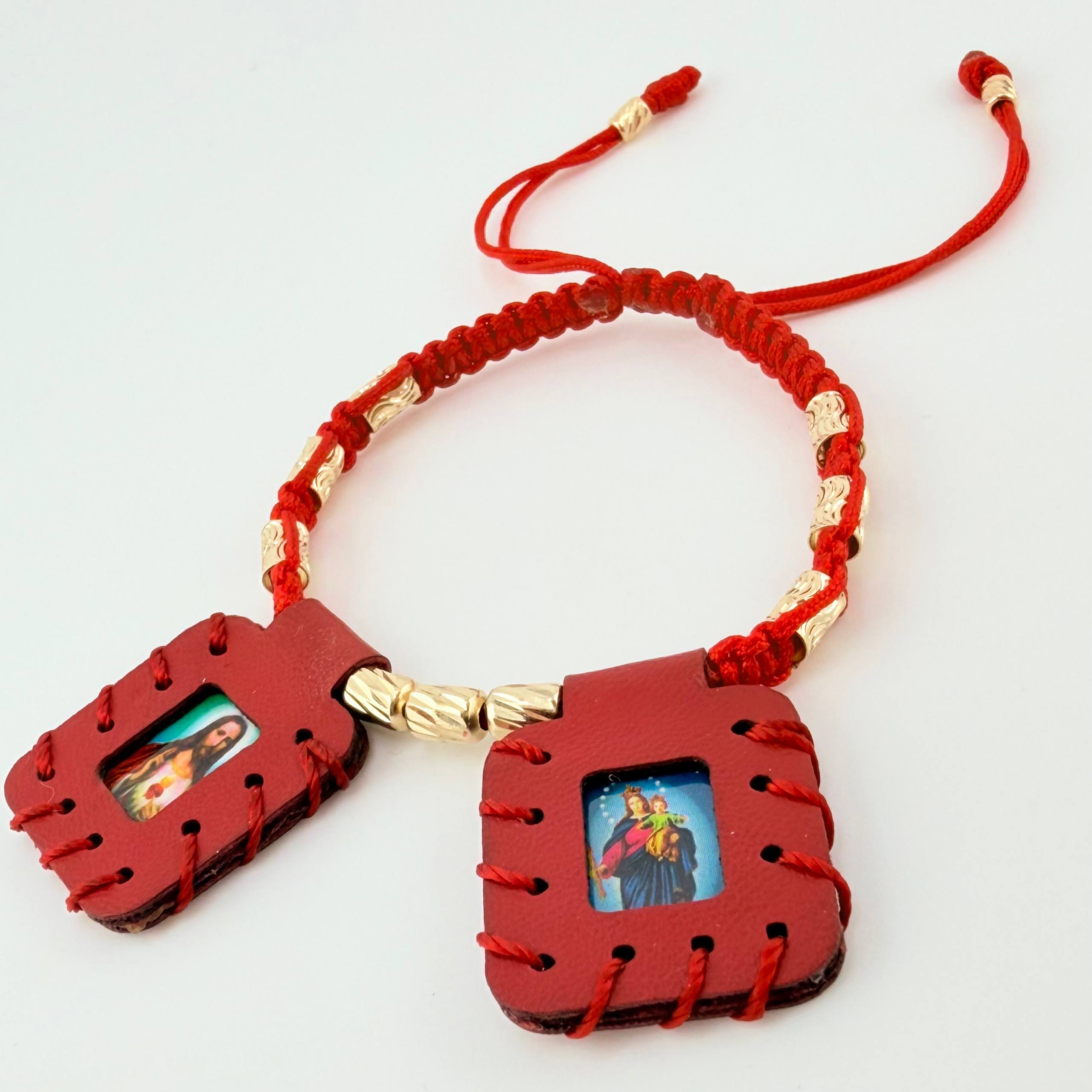 Pulsera Roja Escapulario Cilindro Lunar Diamantados 11und 1.7gr / 3mm-4mm Oro Amarillo 18K *