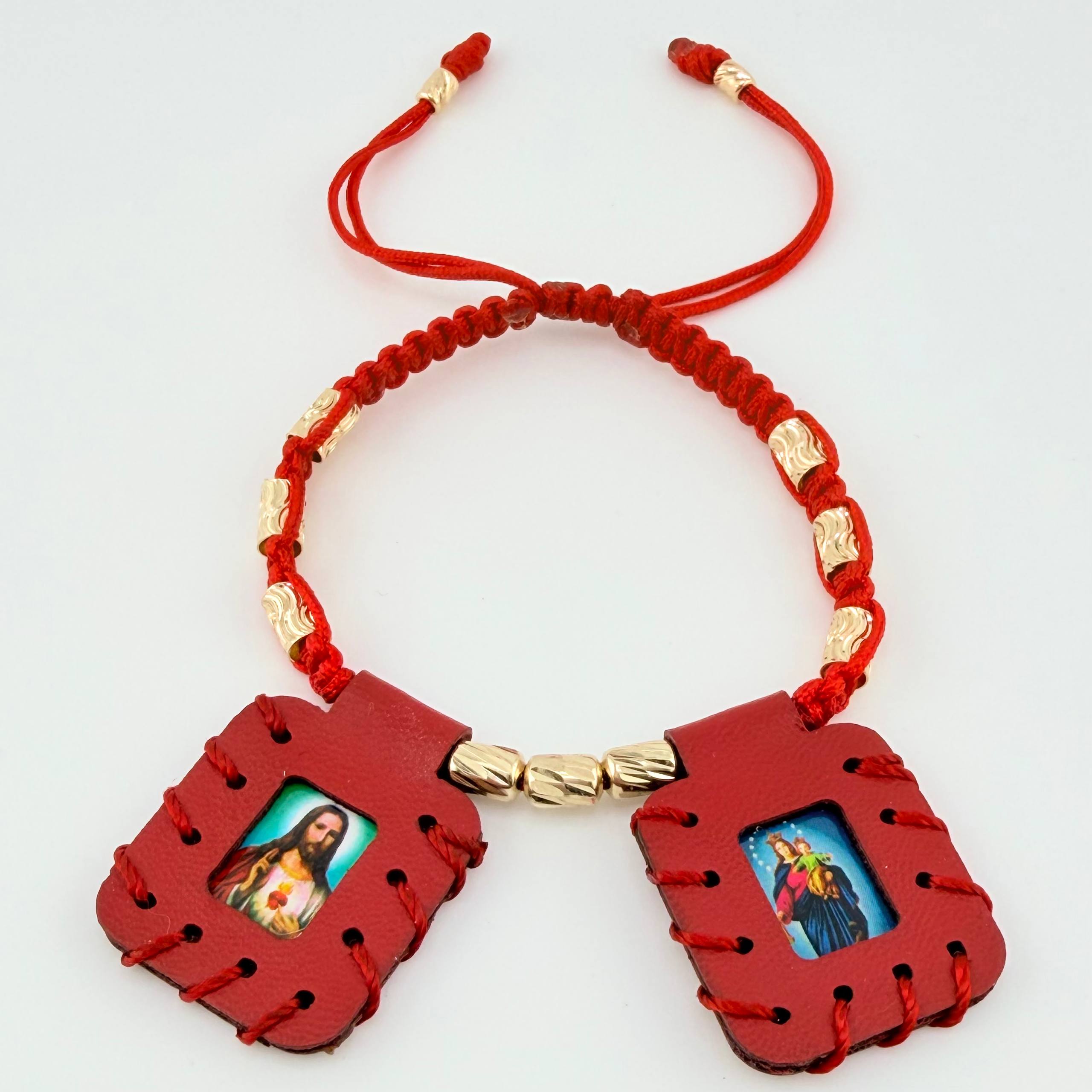 Pulsera Roja Escapulario Cilindro Lunar Diamantados 11und 1.7gr / 3mm-4mm Oro Amarillo 18K *