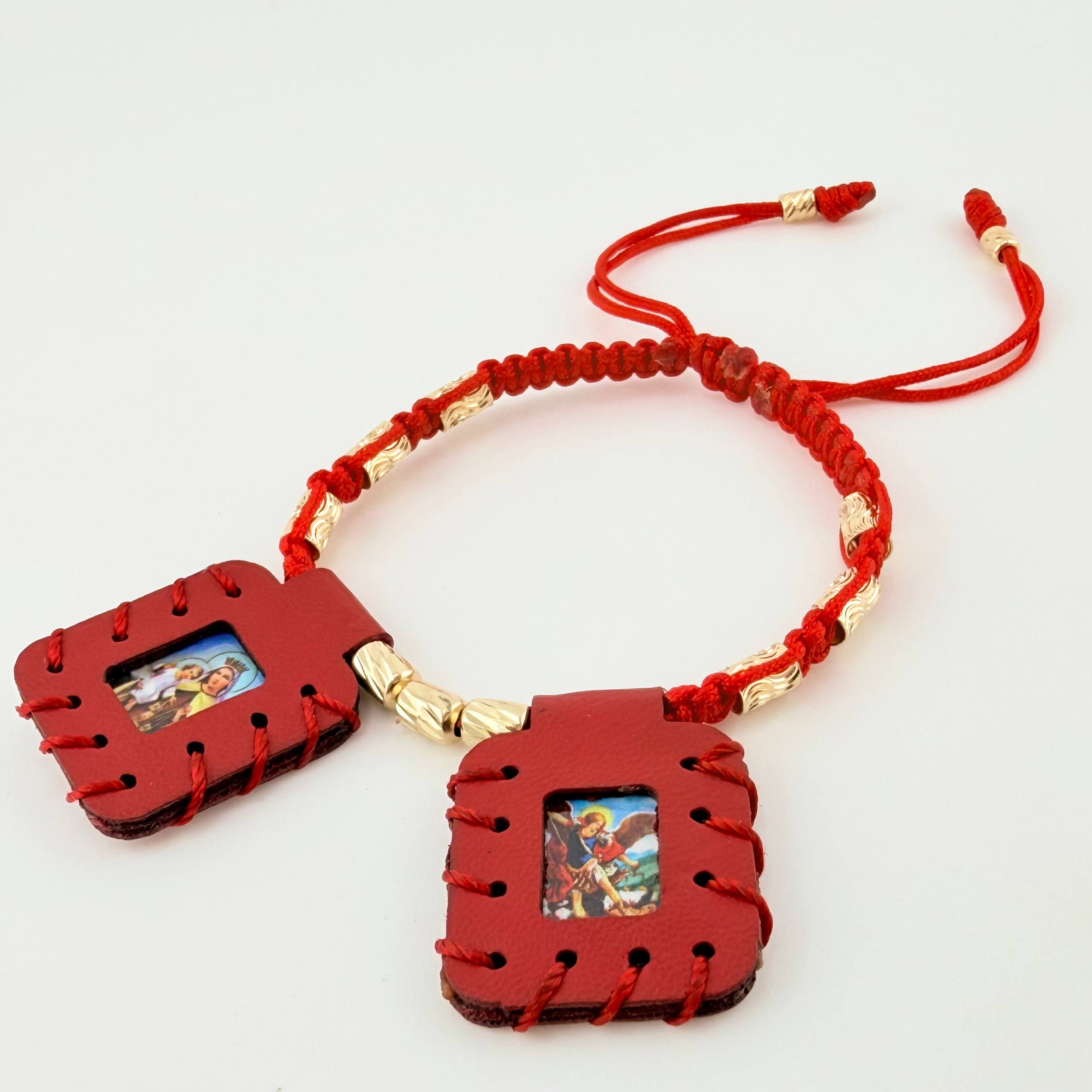 Pulsera Roja Escapulario Cilindro Lunar Diamantados 11und 1.7gr / 3mm-4mm Oro Amarillo 18K *