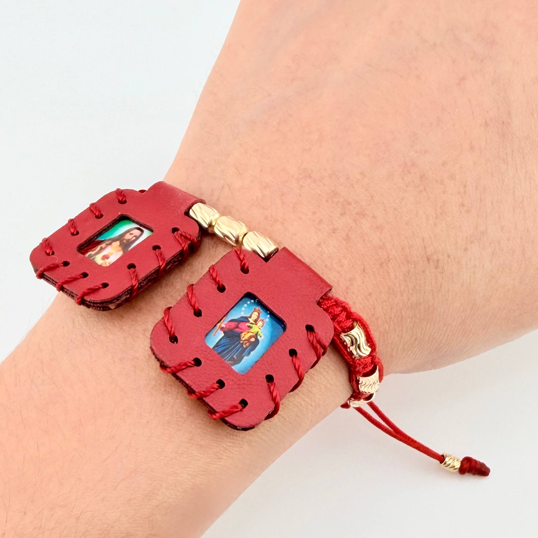 Pulsera Roja Escapulario Cilindro Lunar Diamantados 11und 1.7gr / 3mm-4mm Oro Amarillo 18K *