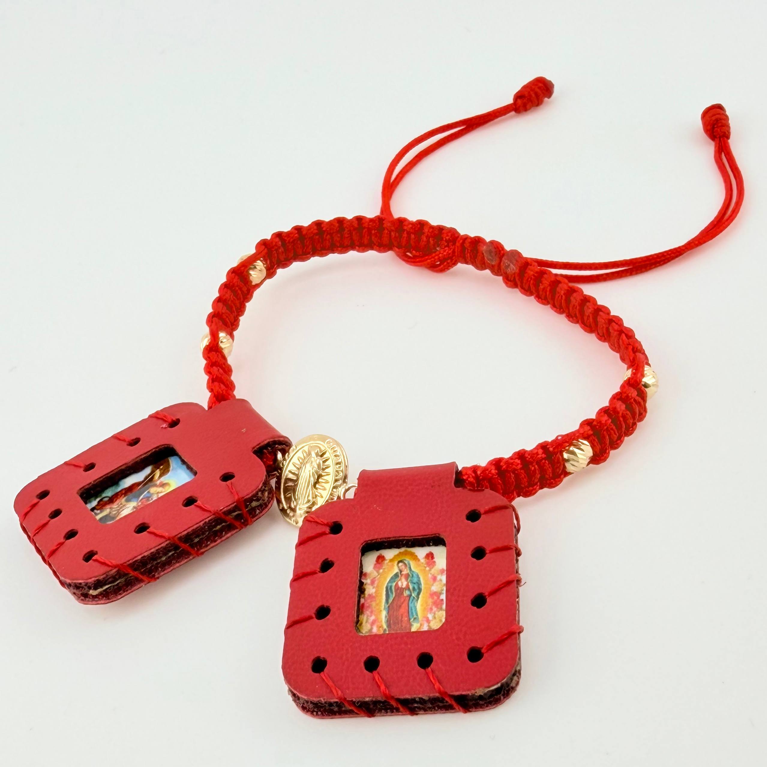 Pulsera Roja Escapulario Virgen Bolas Diamantadas 4und 0.9gr / 4mm Oro Amarillo 18K *