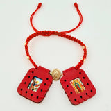 Pulsera Roja Escapulario Virgen Bolas Diamantadas 4und 0.9gr / 4mm Oro Amarillo 18K *