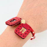 Pulsera Roja Escapulario Virgen Bolas Diamantadas 4und 0.9gr / 4mm Oro Amarillo 18K *