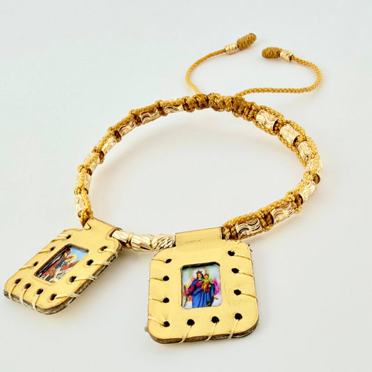 Pulsera Dorada Escapulario Cilindro Lunar Diamantados 19und 2.9gr / 3mm-4mm Oro Amarillo 18K