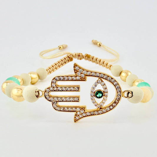 Pulsera Beige Mano Hamsa Esmeralda Bolas Lisas 10und 4.5gr / 3mm-6mm Oro Amarillo 18K