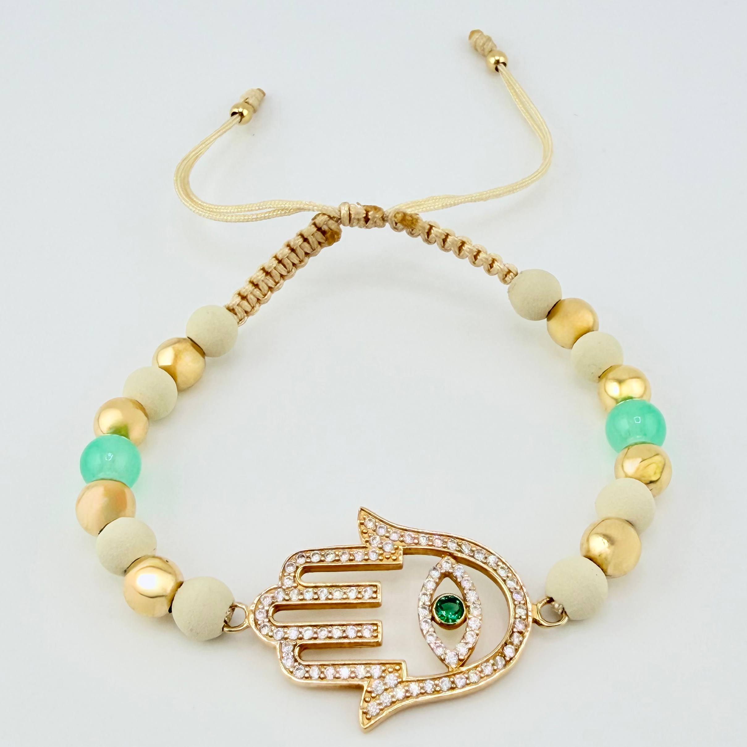 Pulsera Beige Mano Hamsa Esmeralda Bolas Lisas 10und 4.5gr / 3mm-6mm Oro Amarillo 18K