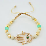 Pulsera Beige Mano Hamsa Esmeralda Bolas Lisas 10und 4.5gr / 3mm-6mm Oro Amarillo 18K