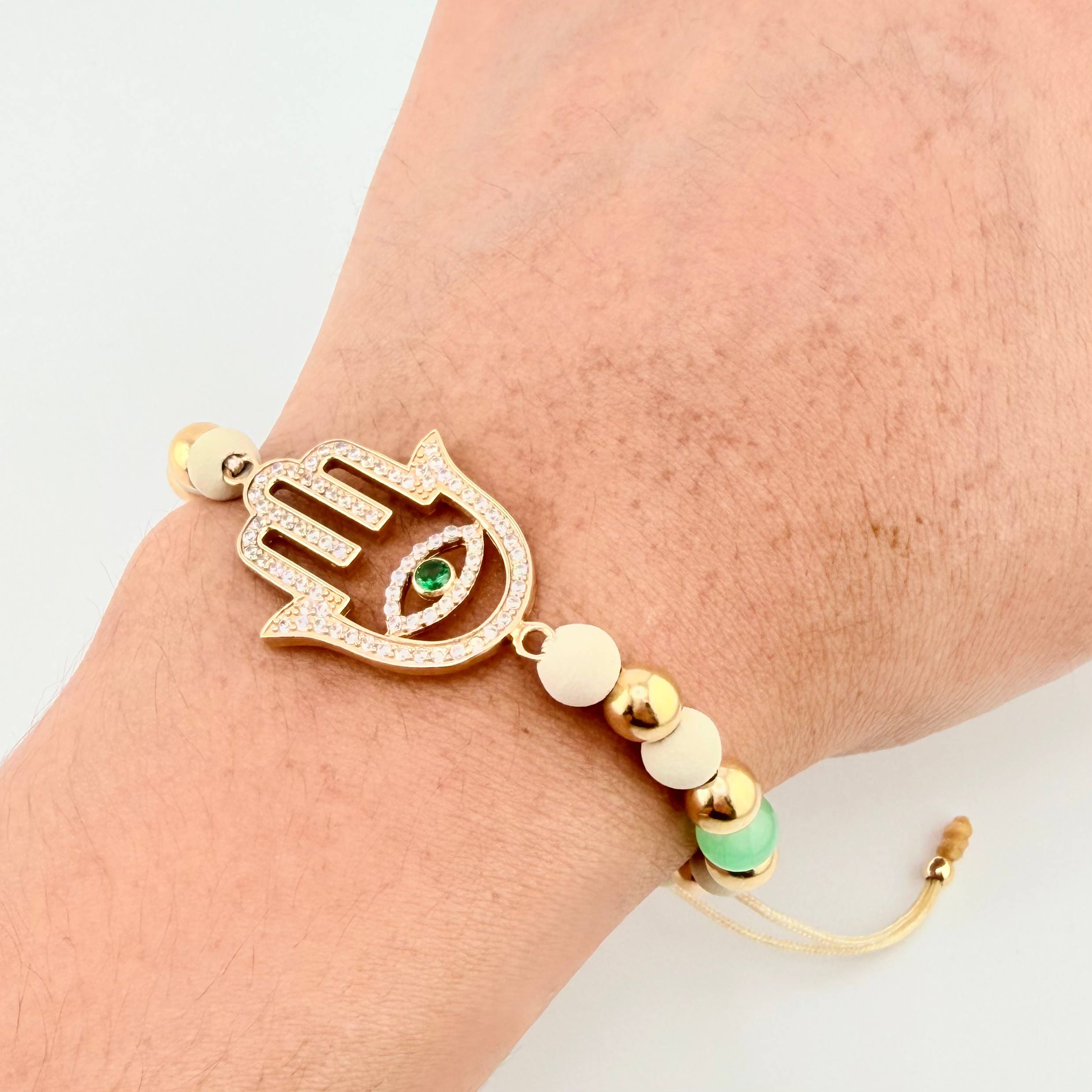 Pulsera Beige Mano Hamsa Esmeralda Bolas Lisas 10und 4.5gr / 3mm-6mm Oro Amarillo 18K