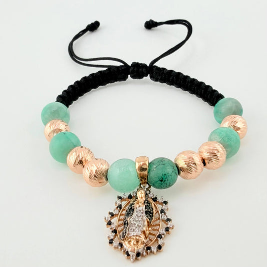 Pulsera Negra Virgen Esmeralda Bolas Diamantadas 6und 4.05gr / 7mm Dos Oros Blanco Rosa 18K