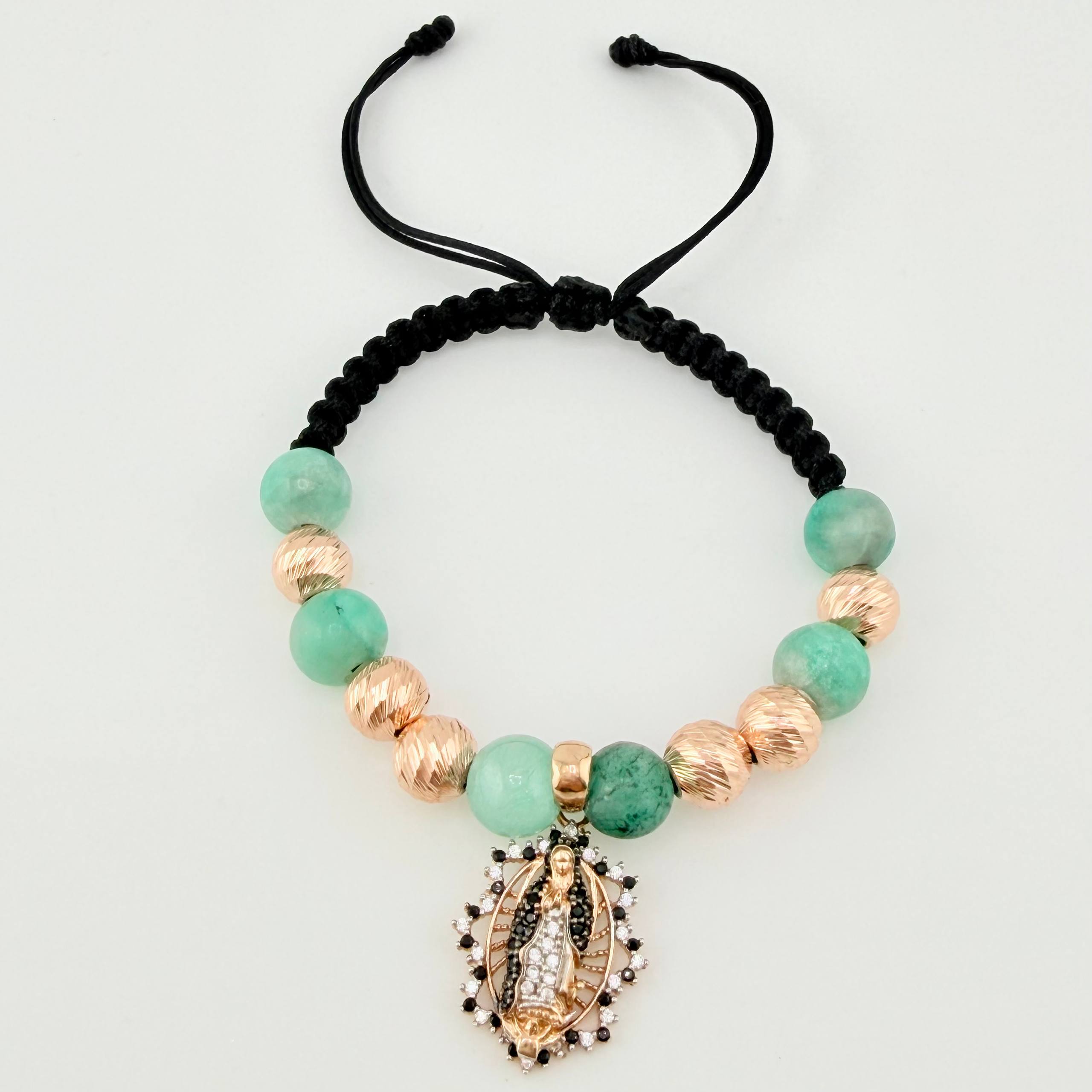 Pulsera Negra Virgen Esmeralda Bolas Diamantadas 6und 4.05gr / 7mm Dos Oros Blanco Rosa 18K
