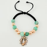 Pulsera Negra Virgen Esmeralda Bolas Diamantadas 6und 4.05gr / 7mm Dos Oros Blanco Rosa 18K