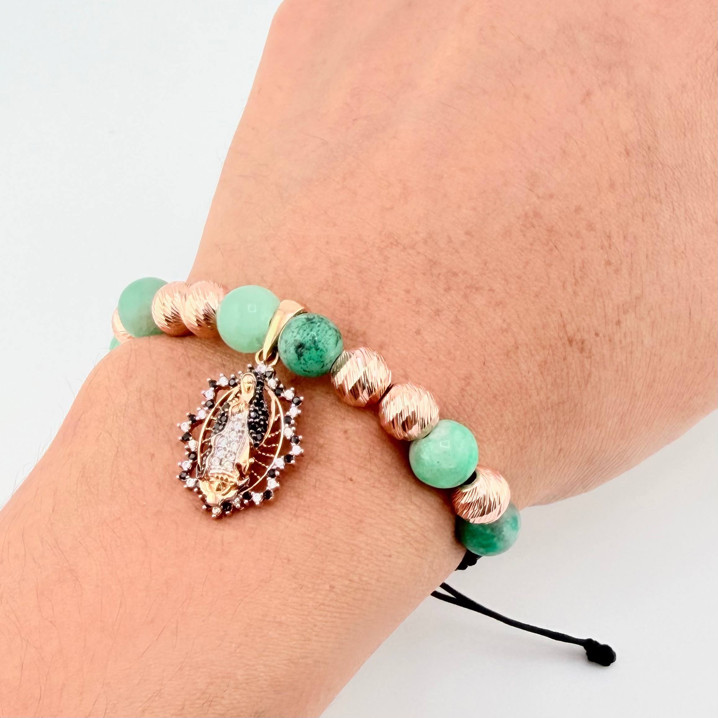 Pulsera Negra Virgen Esmeralda Bolas Diamantadas 6und 4.05gr / 7mm Dos Oros Blanco Rosa 18K
