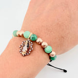 Pulsera Negra Virgen Esmeralda Bolas Diamantadas 6und 4.05gr / 7mm Dos Oros Blanco Rosa 18K