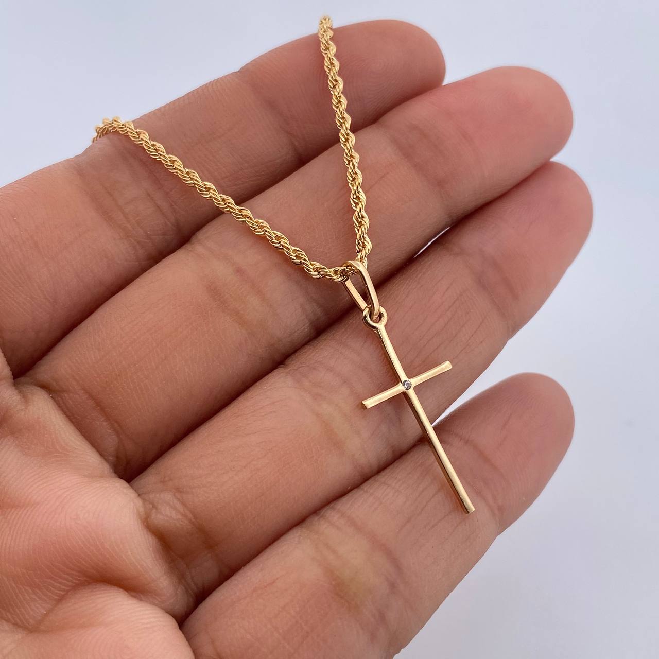 Set Cadena Lazo 2.05gr / 50cm / 1.6mm + Dije Cruz 0.55gr / 2.8cm Circon Blanco Oro Amarillo 18K (Oferta) &